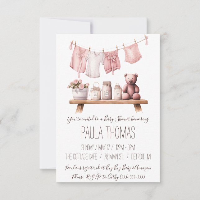 Flicka Clothes Clothesline Baby Shower Inbjudningar (Framsida)