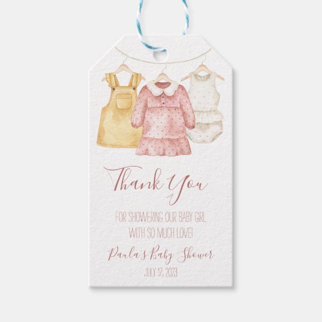 Flicka Clothes Clothesline Baby Shower Presentetikett (Framsidan)