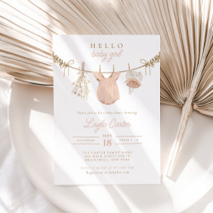 Flicka Clothesline  Rosa Boho Baby Shower Inbjudningar