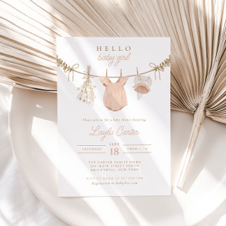 Flicka Clothesline  Rosa Boho Baby Shower Inbjudningar