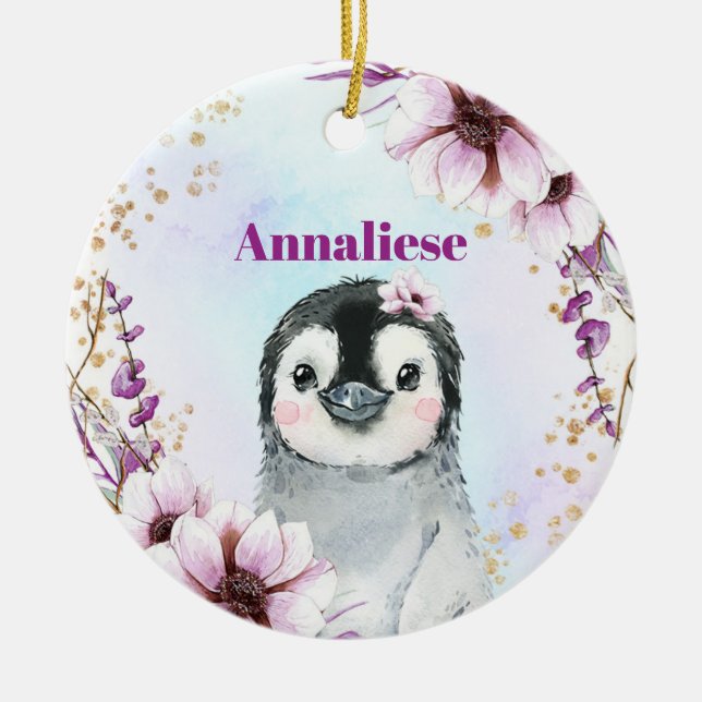 Flicka Cute Penguin Rosa & Guld 1:a Julafton Julgransprydnad Keramik (Framsidan)