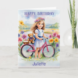 Flicka Cykel Blommor Teddy Söt Glad Födelsedag Kort