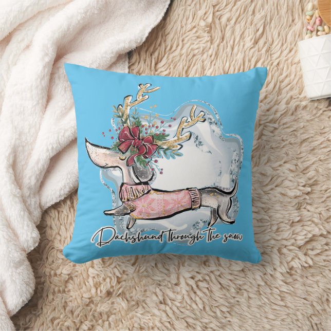 Flicka Dachshund Genom Snön Kudde (Filt)