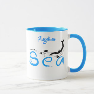 Flicka, delfin, hav rolig elegant anpassningsbar mugg