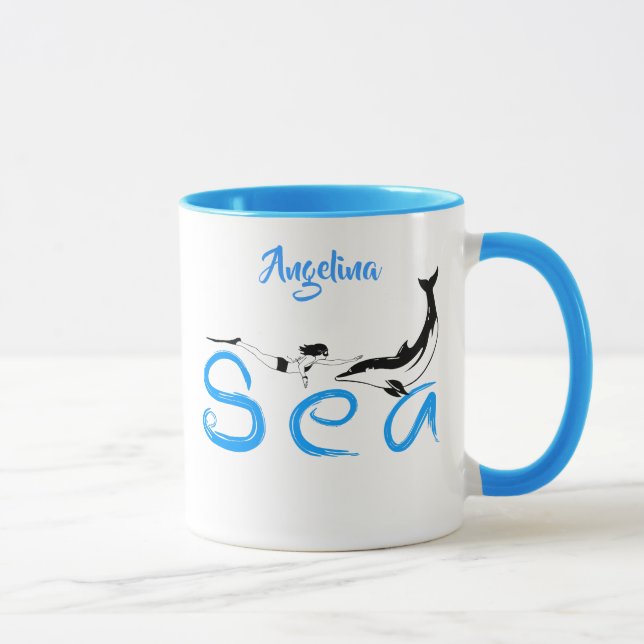 Flicka, delfin, hav rolig elegant anpassningsbar mugg (Höger)