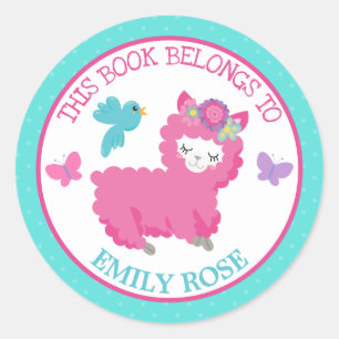 Flicka Den här boken tillhör Rosa Lama Runt Klistermärke