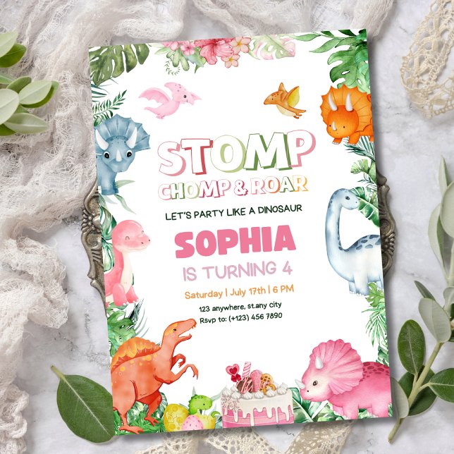 Flicka Dinosaurie Födelsedagsinbjudan Rosa Dinosau Inbjudan (Skapare uppladdad)