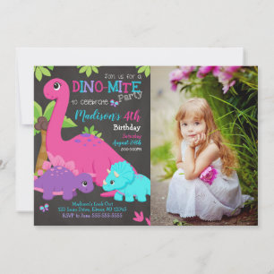 Flicka Dinosaurie Foto Födelsedagsinbjudan Dino-fe Inbjudningar