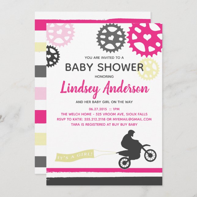Flicka Dirt Bike Baby Shower Inbjudan (Fram/baksida)