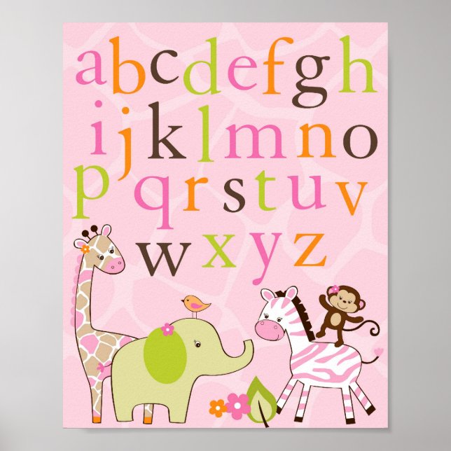 Flicka Djur Alphabet Vägkonst för Barnkammare Poster (Framsidan)