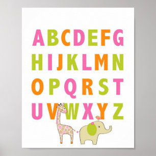 Flicka Djur Djungel Alfabetet Nursery Väggkonst Tr