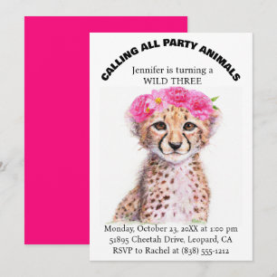 Flicka Djur Safari Djur Baby Gepard Födelsedag Inbjudningar