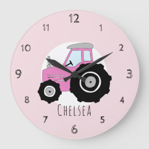 Flicka Doodle Rosa Farm Tractor Car Nursery Stor Klocka