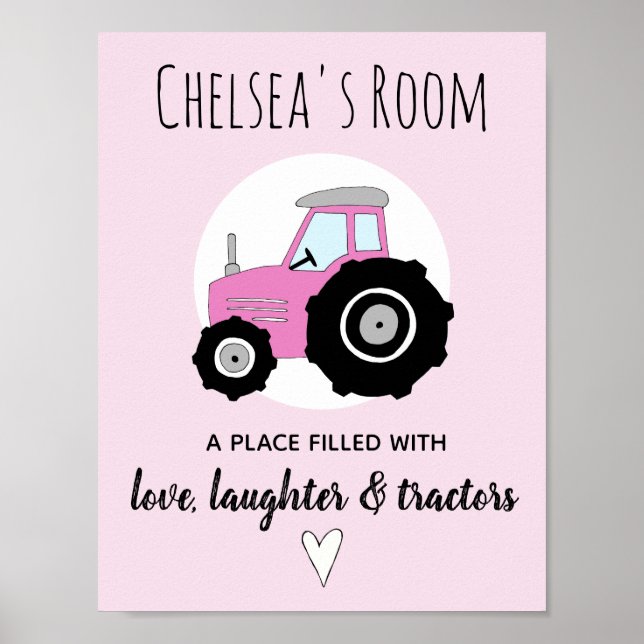 Flicka Doodle Rosa Farm Tractor Namn Nursery Poster (Framsidan)