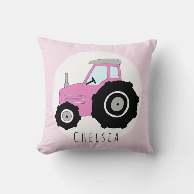 Flicka Doodle Rosa Tractor med Namn Nursery Kudde (Framsida)