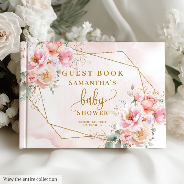 Flicka duschar  rosa blommigt gäst bok i guld (Baby girl shower blush pink floral gold guest book)