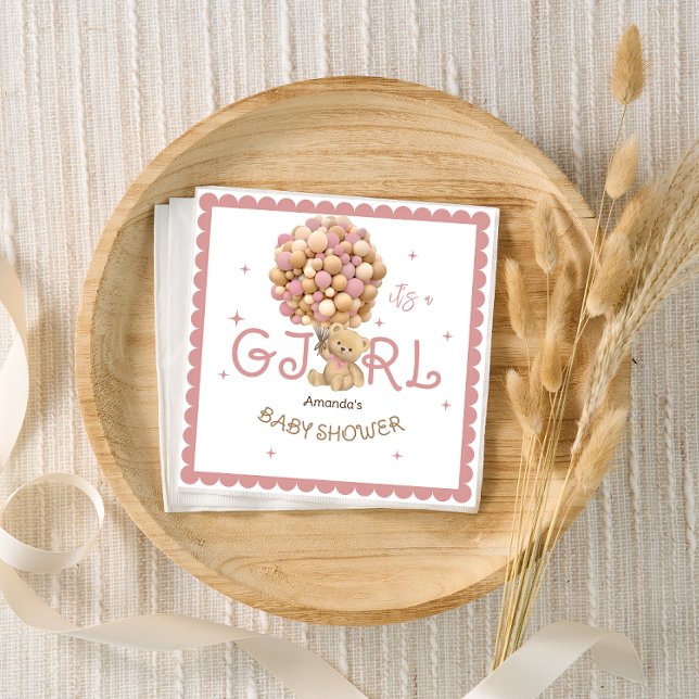 Flicka-duschen i Modern Rosa Bear Balloons Pappersservett (Skapare uppladdad)