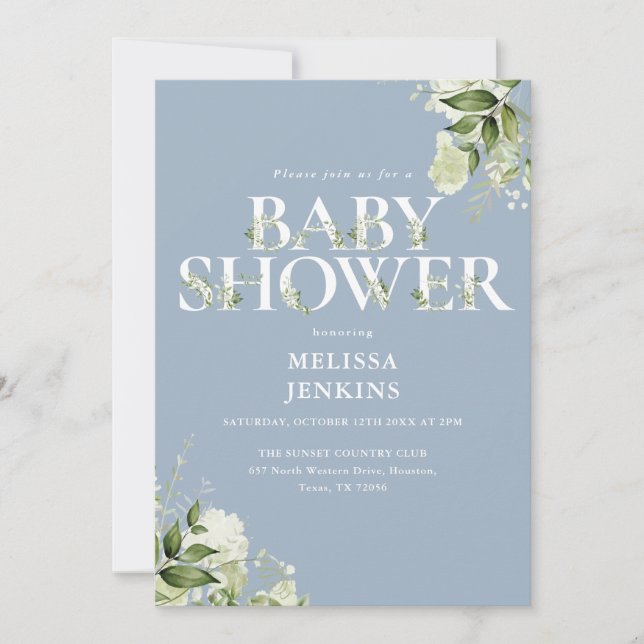 Flicka Dusty Blue Greenery QR-kod Baby Shower Inbjudningar (Framsida)