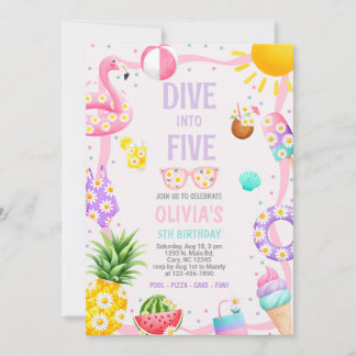 Flicka dyker in i fem poolparty födelsedagsinbjuda inbjudningar