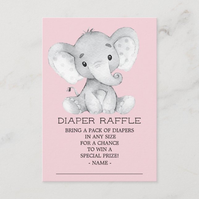 Flicka Elefant Baby Shower Blöja Lotteri Biljett Tilläggskort (Framsida)