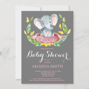 Flicka Elefant Bebis Dusj Inbjudan Rosa och Grå