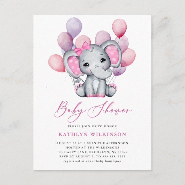 Flicka Elefant Rosa Ballong Manus Cuten Bebis Fira Inbjudan Vykort (Framsida)