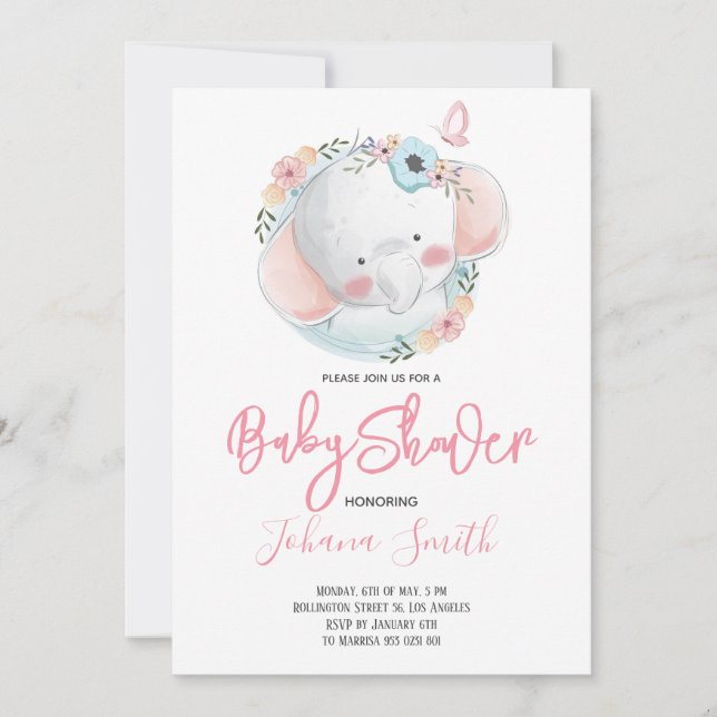 Flicka Elefant Rosa Mjuk Baby Shower Inbjudan (Framsida)