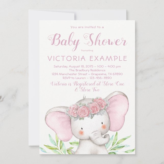Flicka Elefant Rosa Ros Akvarell Baby Shower Inbjudningar (Framsida)