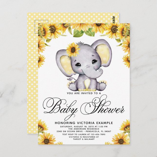Flicka Elefant Solros Baby Shower Inbjudan (Fram/baksida)