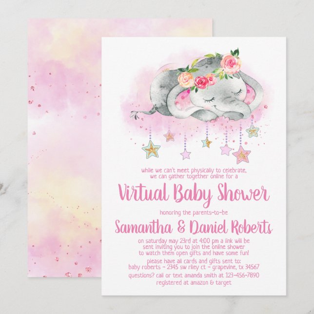 Flicka Elefant Virtuell Baby Shower Inbjudan (Fram/baksida)