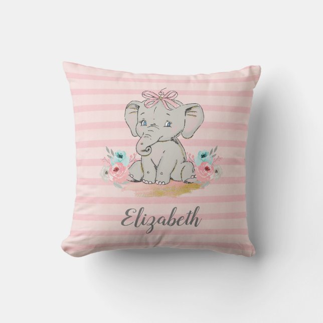 Flicka Elefant Watercolor Nursery Kudde (Framsida)