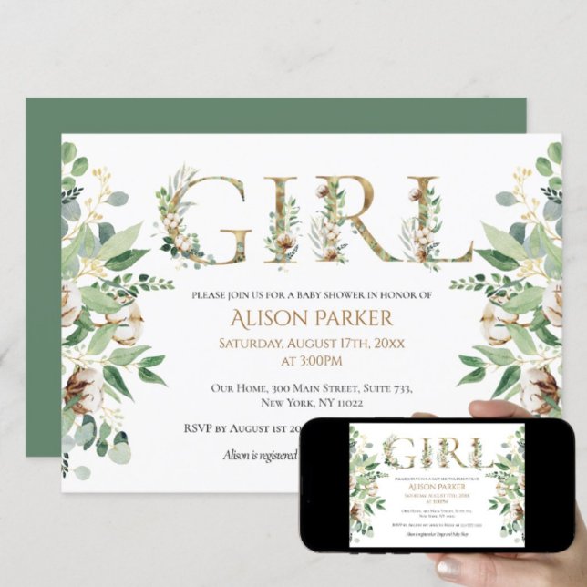 Flicka Elegant Eucalyptus Greenery Baby Shower Inbjudningar (Skapare uppladdad)
