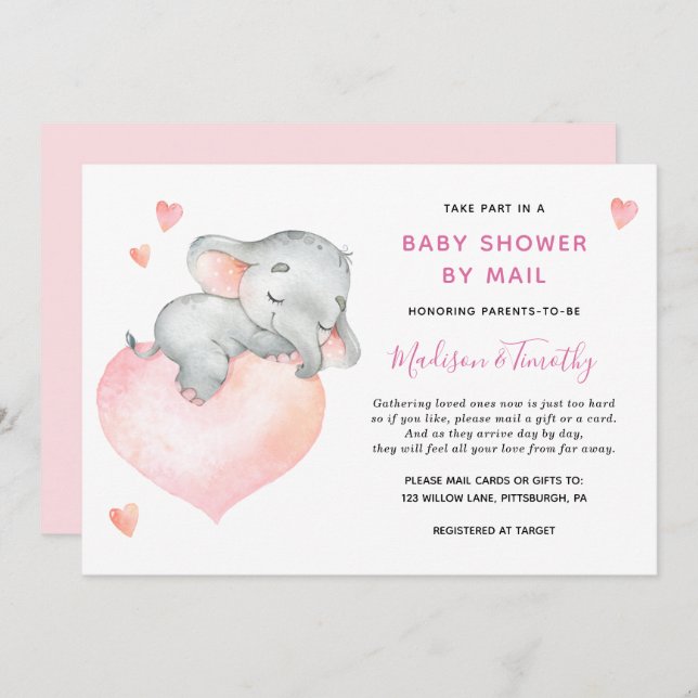 Flicka Elephant Baby Shower by Mail Inbjudningar (Fram/baksida)