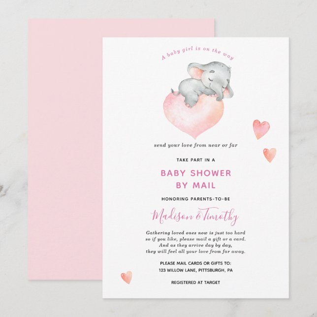 Flicka Elephant Baby Shower by Mail Inbjudningar (Fram/baksida)