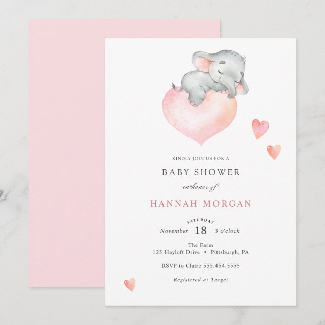 Flicka Elephant Baby Shower Inbjudningar (Fram/baksida)