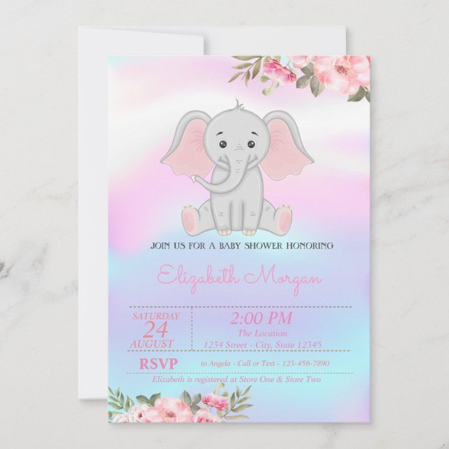 Flicka Elephant, Blommigt HoloGraphics Baby Shower Inbjudningar (Framsida)