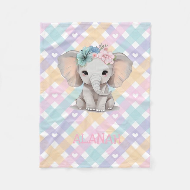 Flicka Elephant Gingham Fleece Blanket Nursery (Framsidan)