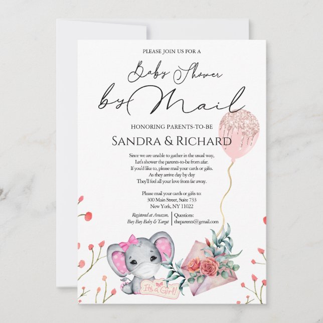 Flicka Elephant Guld Glitter Balloon Shower by Mai Inbjudningar (Framsida)