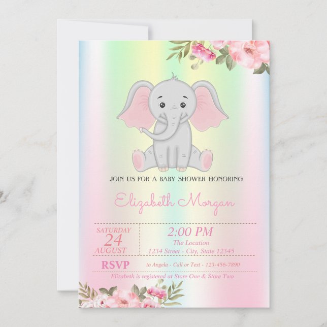 Flicka Elephant, Iridescent Blommigt Baby Shower Inbjudningar (Framsida)