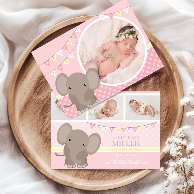 Flicka Elephant Photo Birth Notice Meddelande (Photo Baby Girl Birth Announcement with Elephant)