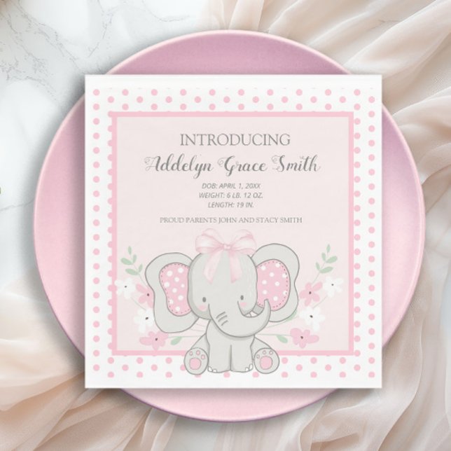 Flicka Elephant Rosa Polka Dot Sip Se Shower Pappersservett (Cute pink elelphant baby girl baby shower paper napkins)