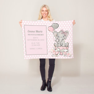 Flicka Elephant Rosa Silver Birth Notice Fleecefilt