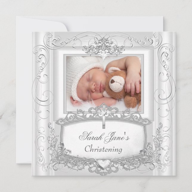 Flicka eller Boy Christening Baptism Silver White Meddelande (Framsida)