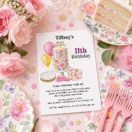 Flicka Elva Rosa Blommig Födelsedagstårta Party Inbjudningar
