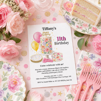 Flicka Elva Rosa Blommig Födelsedagstårta Party Inbjudningar
