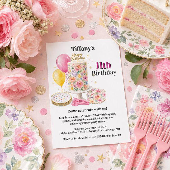 Flicka Elva Rosa Blommig Födelsedagstårta Party   Inbjudningar (Skapare uppladdad)