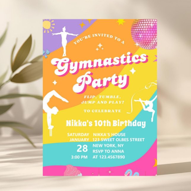 Flicka Färgglad Retro Gymnastik Gymnast Födelsedag Inbjudningar (gymnastics birthday invitation, gymnast party invite, girls gymnastics party, flip tumble party invi)
