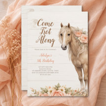 Flicka Fersken Blommig Häst 5-årsdag