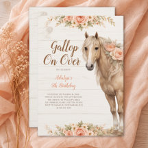 Flicka Fersken Blommig Häst 5-årsdag