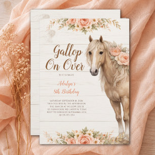 Flicka Fersken Blommig Häst 8-årsdag Inbjudningar